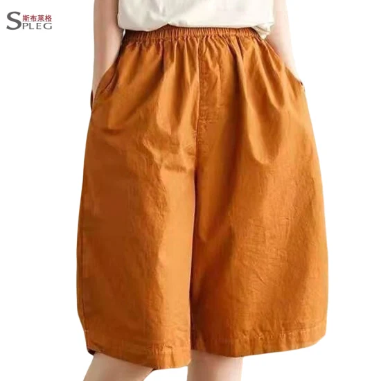 Pantaloni o culotte con cintura ampia alla moda casual in tinta unita con stampa in lino
